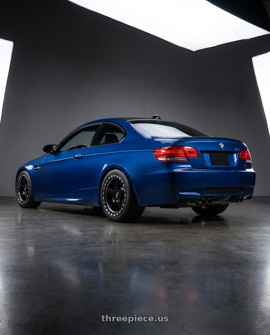 2008 Bmw E92 M3 with Forgestar D5 Beadlock 5x115 18x11 +12 Gloss Black Machined wheels rear three quarter view square tires