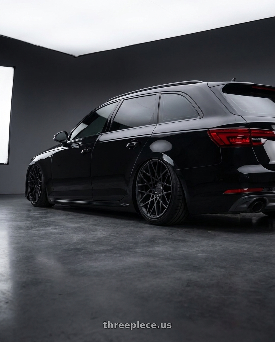 2017 Audi Avant B9 Black with Rotiform 1PC R112 BLQ 5X112 19X8.5 +35 MATTE BLACK wheels rear three quarter view slight stretch tires