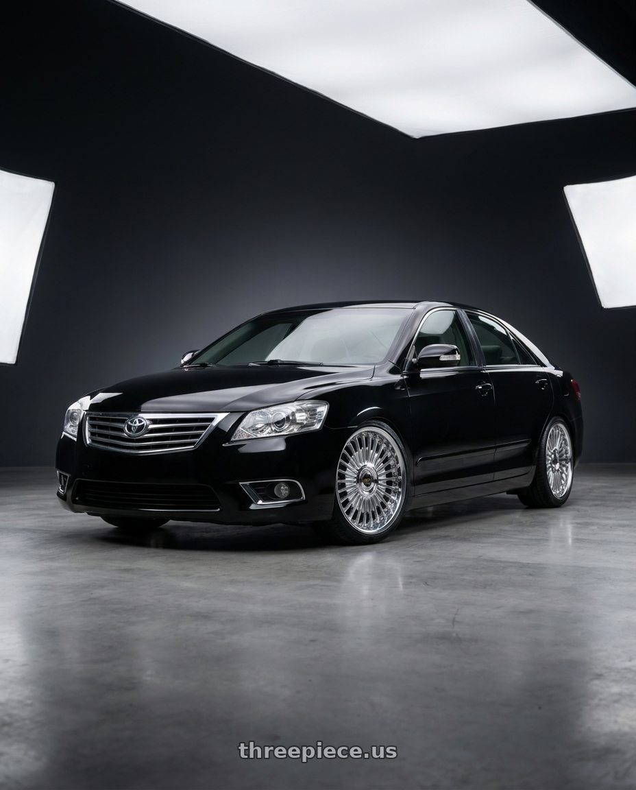2011 Toyota Camry with Work Emitz Chrome 5x114.3 19x8.5 +38 wheels front three quarter view lowered stance