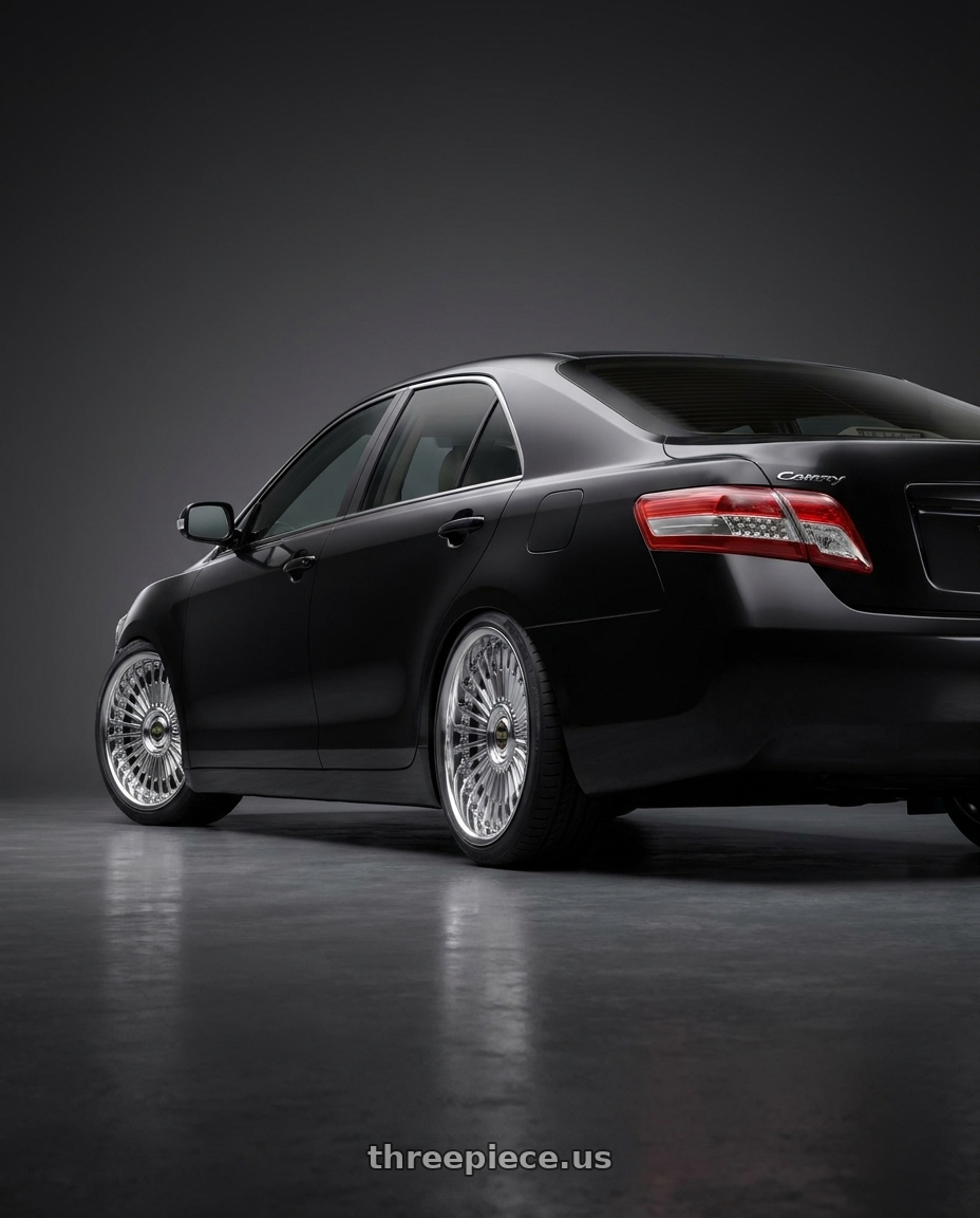 2011 Toyota Camry with Work Emitz Chrome 5x114.3 19x8.5 +38 wheels rear three quarter view square tires