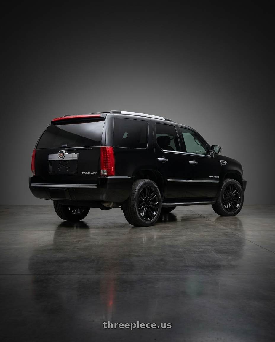 2007 Cadillac Escalade with O.E. Revolution 158 6x139.7 22x9 +24 Gloss Black wheels rear three quarter view square tires