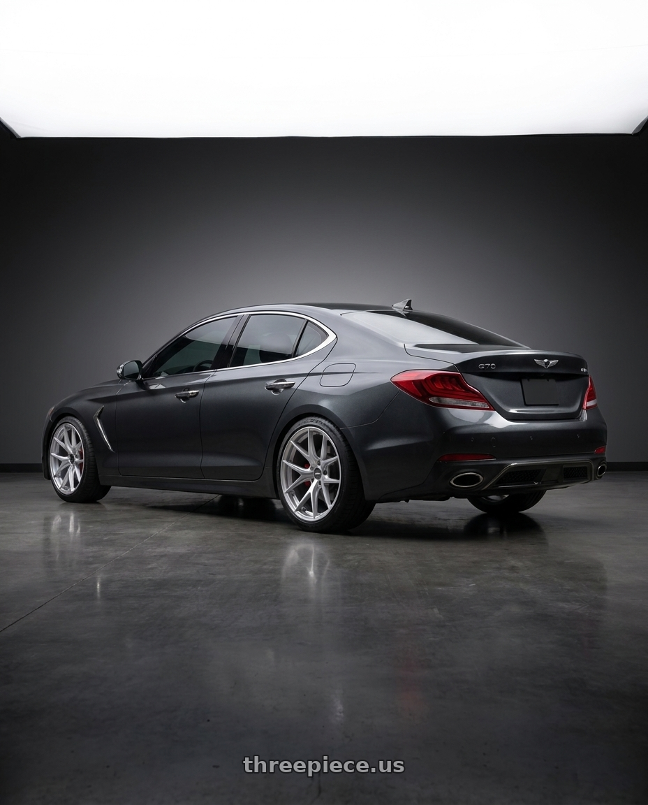 2019 Genesis g70 with ESR Wheels FORGETECH SERIES RF2 5x108 19x10.5 +30 Hyper Silver wheels rear three quarter view slight stretch tires