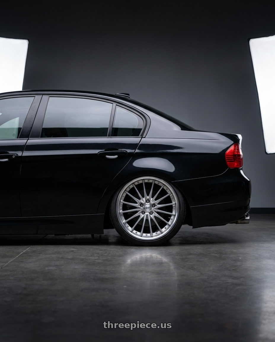 2011 bmw 335d with Work Schwert Regnitz 5x120 19x9.5+38 O Disk Silky Rich Silver wheels rear three quarter view square tires