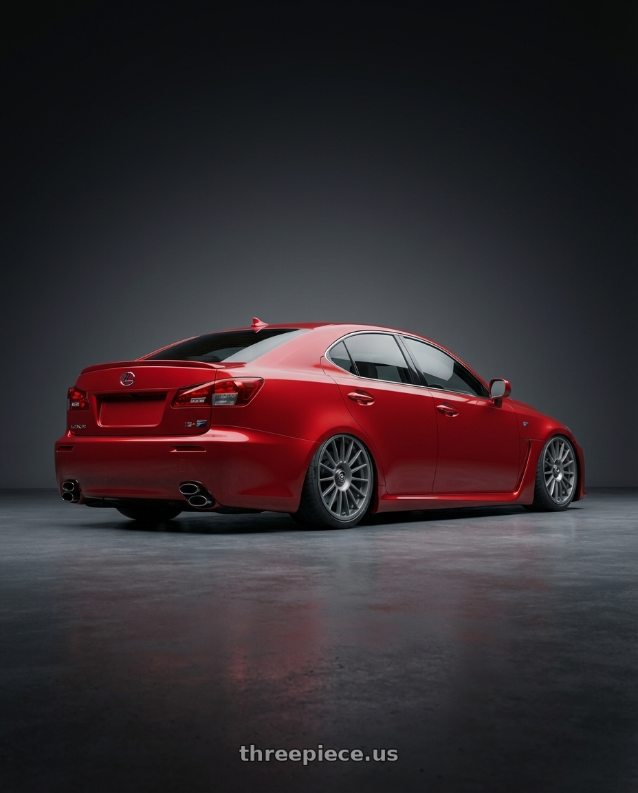 2012 Lexus IS-F with fifteen52 PODIUM 5x114.3 / 5x120 19x8.5 +35 FROSTED GRAPHITE (SATIN GREY) wheels rear three quarter view slight stretch tires