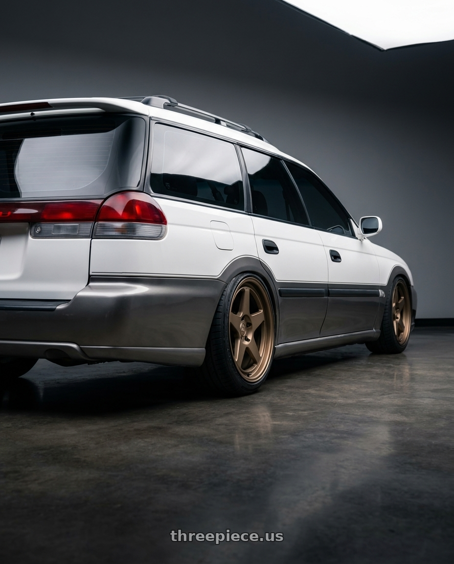 1998 Subaru Legacy Outback with Kansei K12B KNP 5X100 17x9 35 Bronze wheels rear three quarter view slight stretch tires