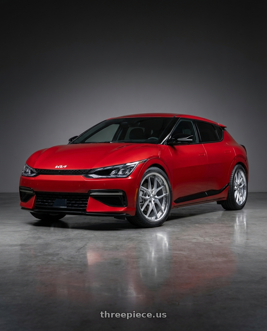 2024 kia ev6 with XIX Wheels XIX 61 5x112 20x8.5 +35 Silver Machined with Stainless Steel Lip wheels front three quarter view stock stance