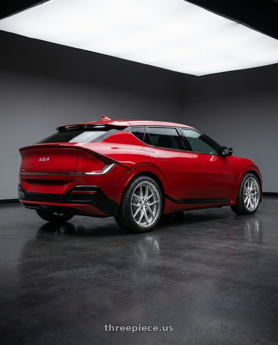 2024 kia ev6 with XIX Wheels XIX 61 5x112 20x8.5 +35 Silver Machined with Stainless Steel Lip wheels rear three quarter view square tires