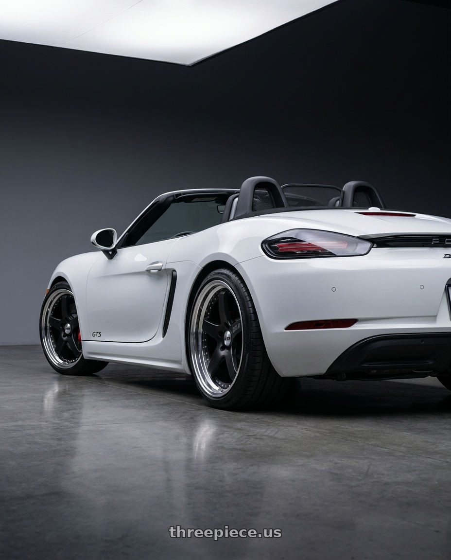 2018 Porsche boxer gts white with SSR Professor SP4 5x130 20X10 37 SL Disk Flat Black wheels rear three quarter view square tires