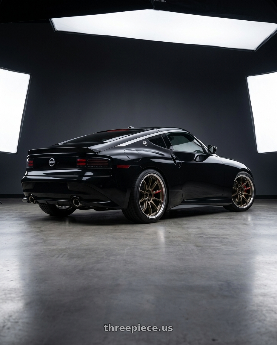 Nissan Z Performance 2024 with Work Zr10 2P 5x114.3 19x10.5 +18 Matte Bronze wheels rear three quarter view square tires