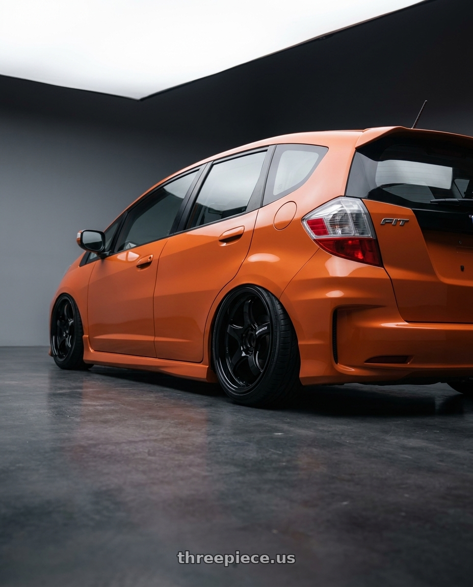 2013 Fit Ge8 Rs with WedsSport RN-05M 5x112 19x10.0+40 Gloss Black wheels rear three quarter view slight stretch tires