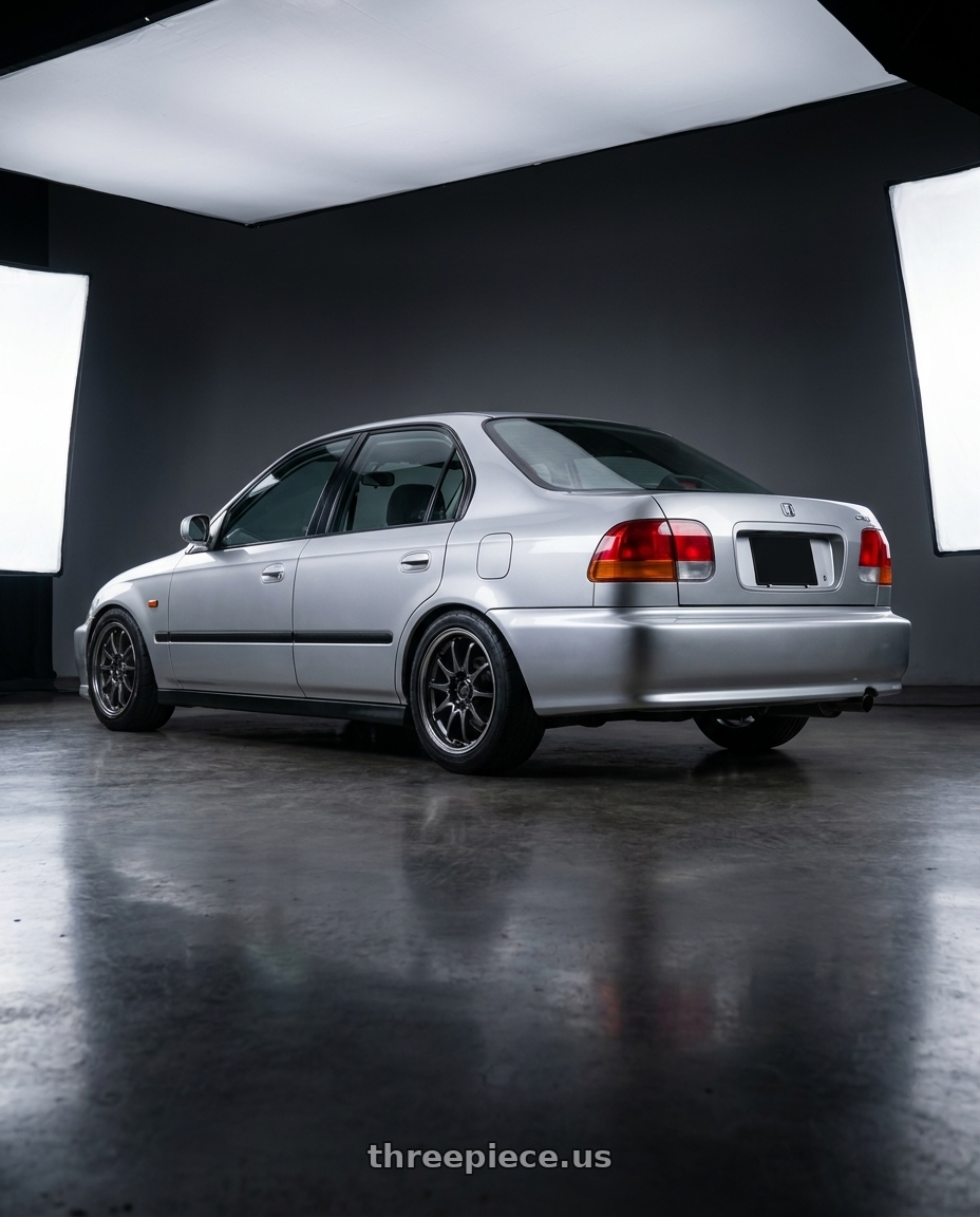 1999 honda civic with Volk Racing CE28 Club Racer 4x100 15x7+38 Dark Gunmetal wheels rear three quarter view slight stretch tires