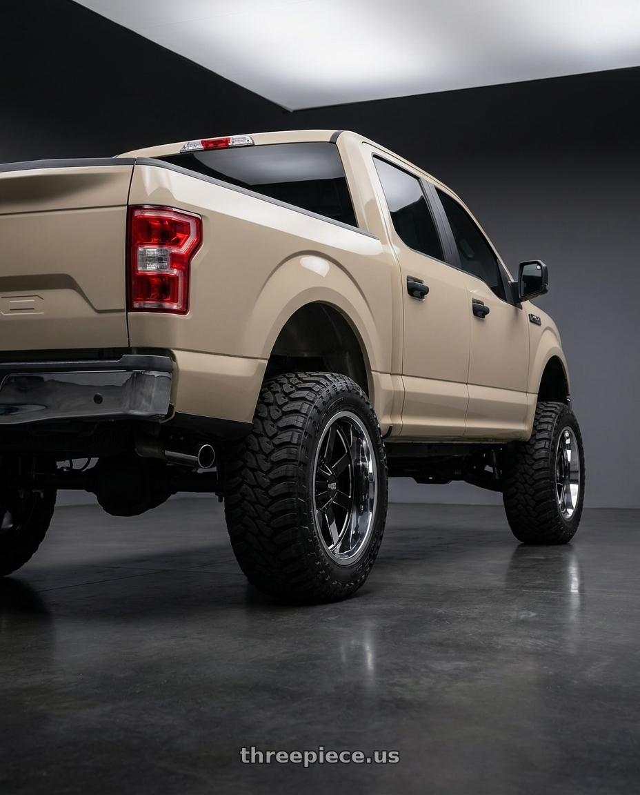 2019 Ford F-150 with Moto Metal MO200 6X135 22X10 -18 GLOSS BLACK MILLED CENTER CHROME LIP wheels rear three quarter view meaty tires