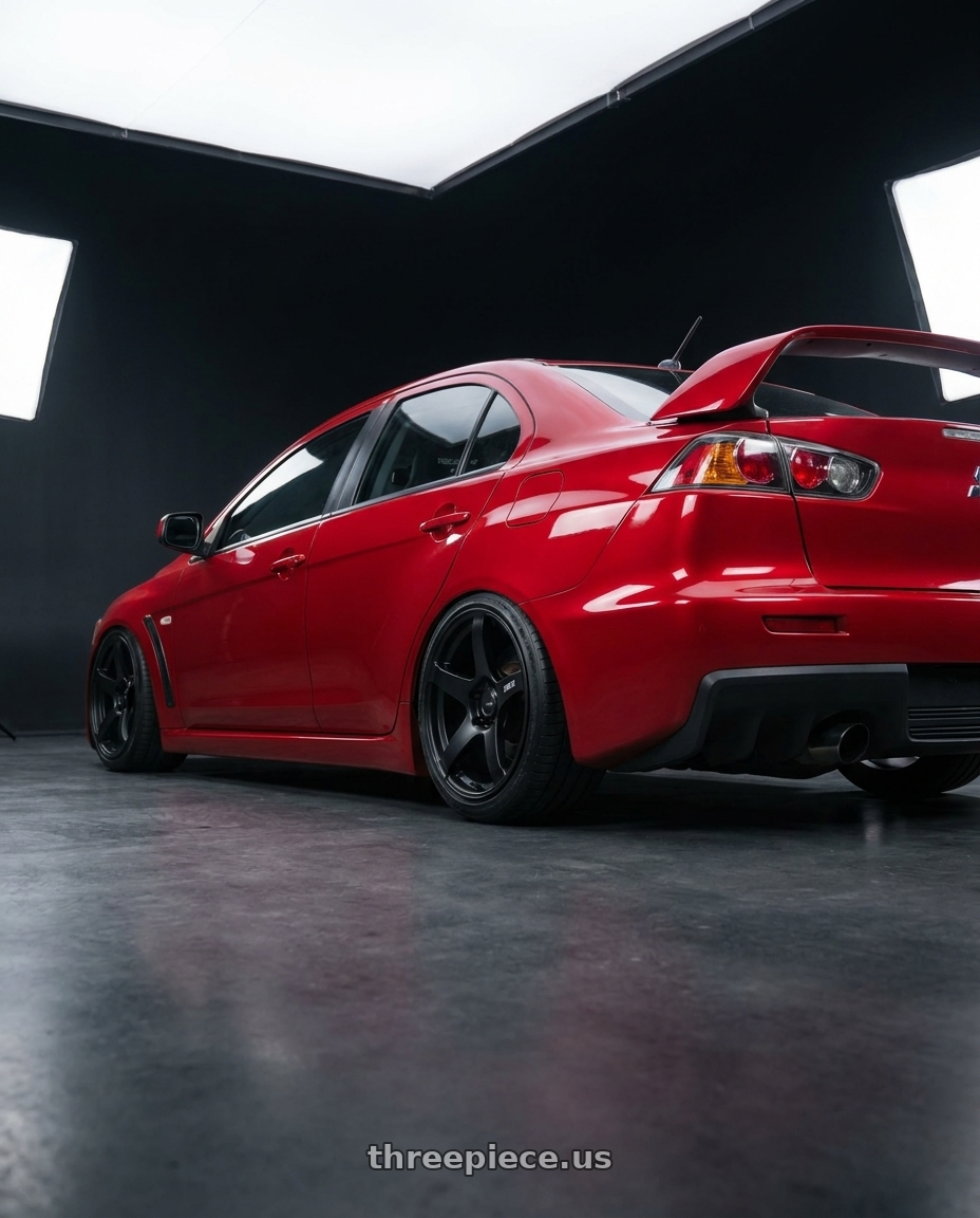 2012 Mitsubishi Lancer Evo X with Ssr Gtv01 5x114.3 18x9+35  FLAT BLACK wheels rear three quarter view slight stretch tires