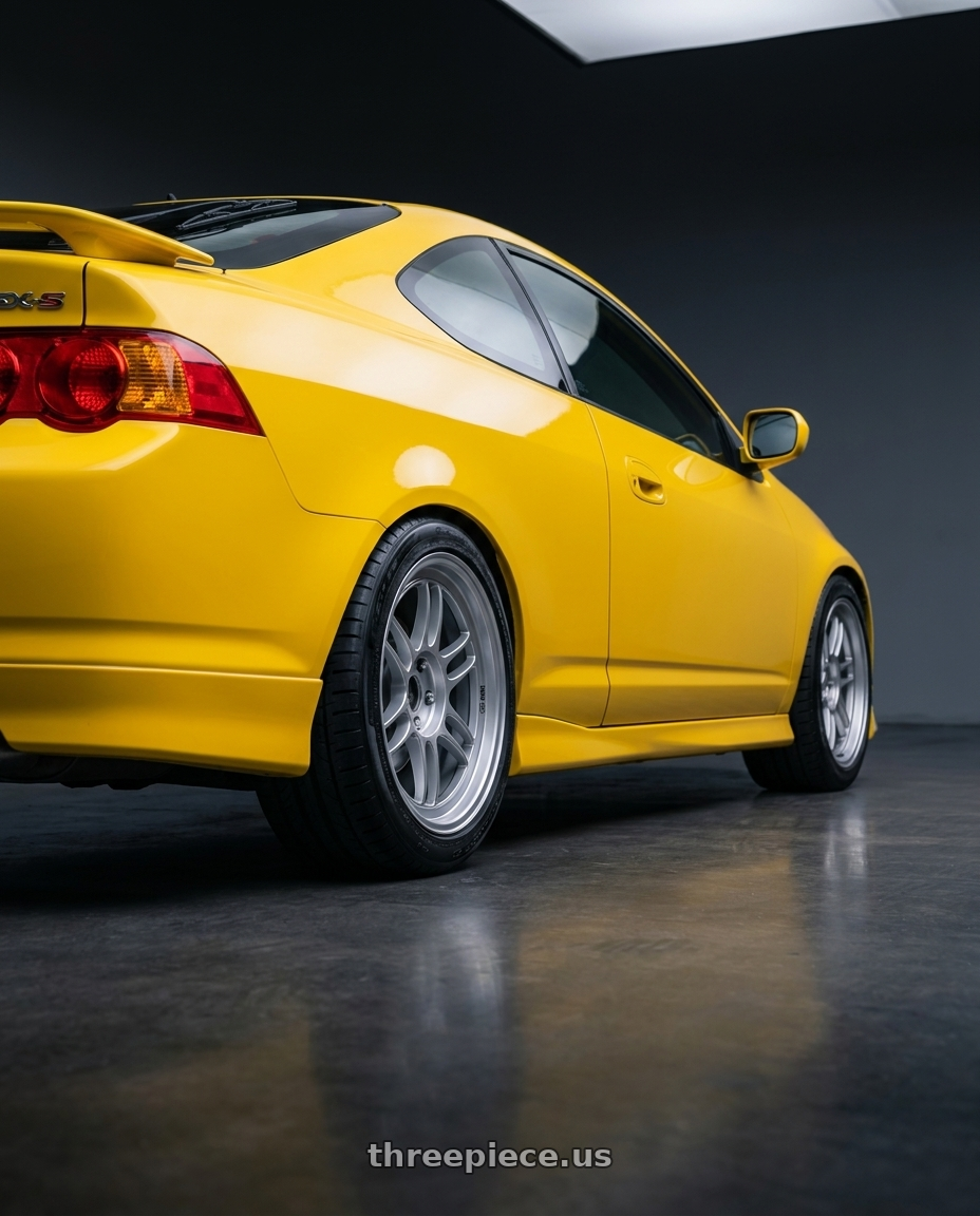 2004 Acura RSX Type-S with Enkei RPF1 5x114.3 17x7+45 Silver wheels rear three quarter view square tires