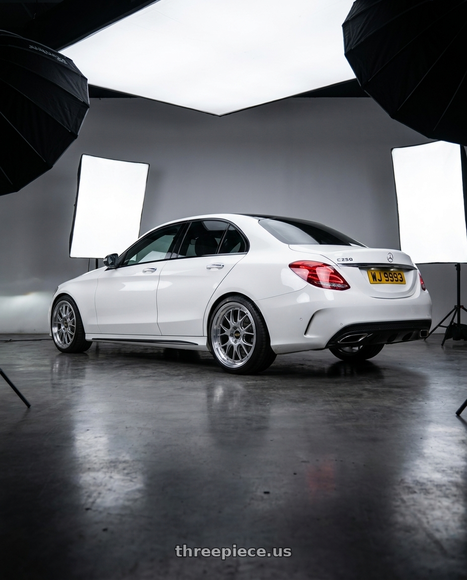 2014 W205 C250 with BBS LM-R 5x114.3 19x9.5+25 Diamond Silver wheels rear three quarter view square tires