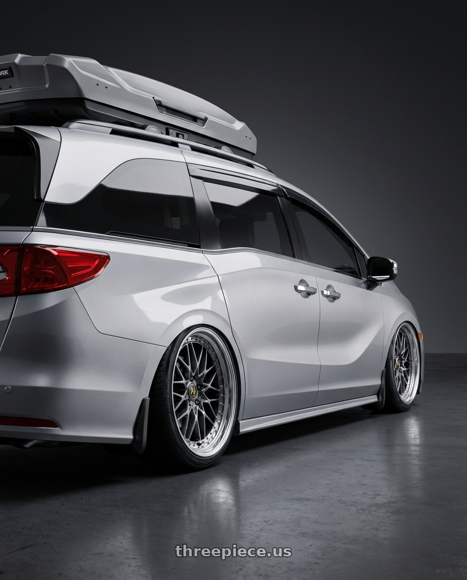 2024 Honda Odyssey with Work Vs-Xv 5x120 20x8.5+40 O Disk Brilliant Silver Black wheels rear three quarter view slight stretch tires