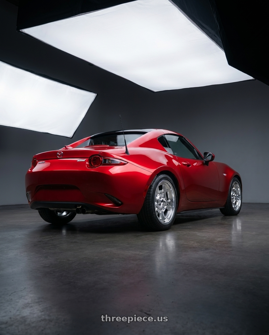 2026 mazda mx5 with BG Rod Works High Boy 5x114.3/5x120.65 17x8+0 Polished wheels rear three quarter view square tires