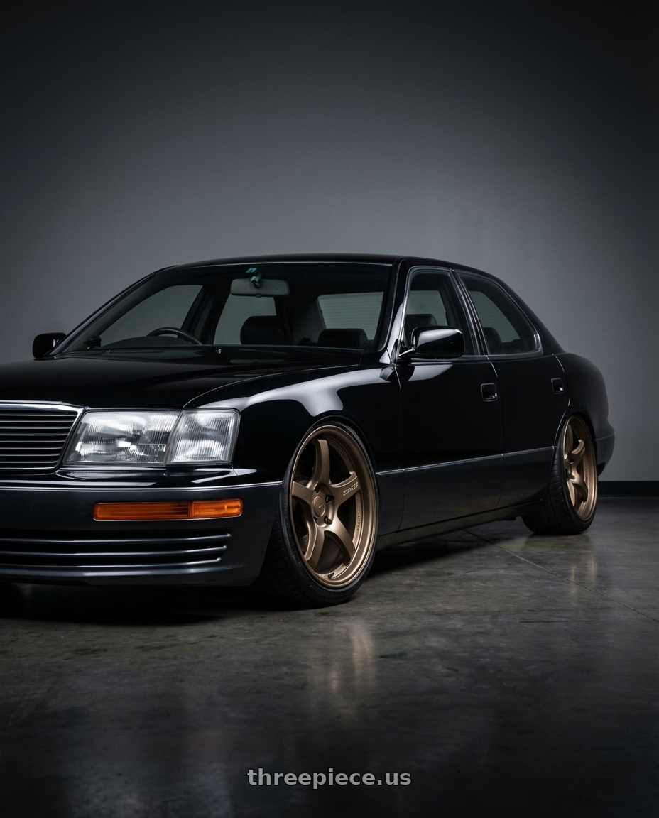 1995 toyota celsior, black with Gram Lights 57CR 5x114.3 18x9.5 +22 BRONZE 2 wheels front three quarter view slammed stance