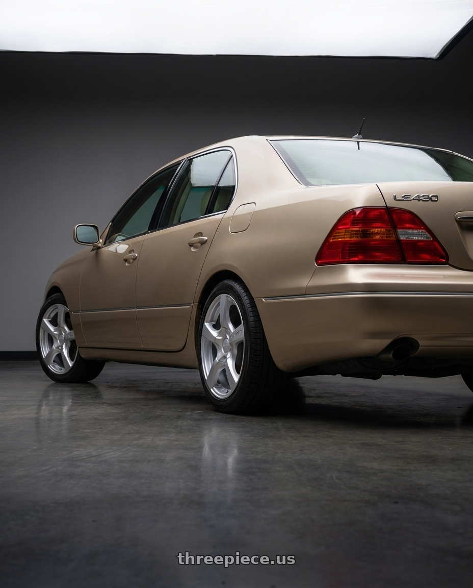 2001 Lexus LS430 Base Mystic with TOUREN TR9 3190 5x108/5x114.3 18x8 +40 GLOSS HYPER SILVER wheels rear three quarter view slight stretch tires