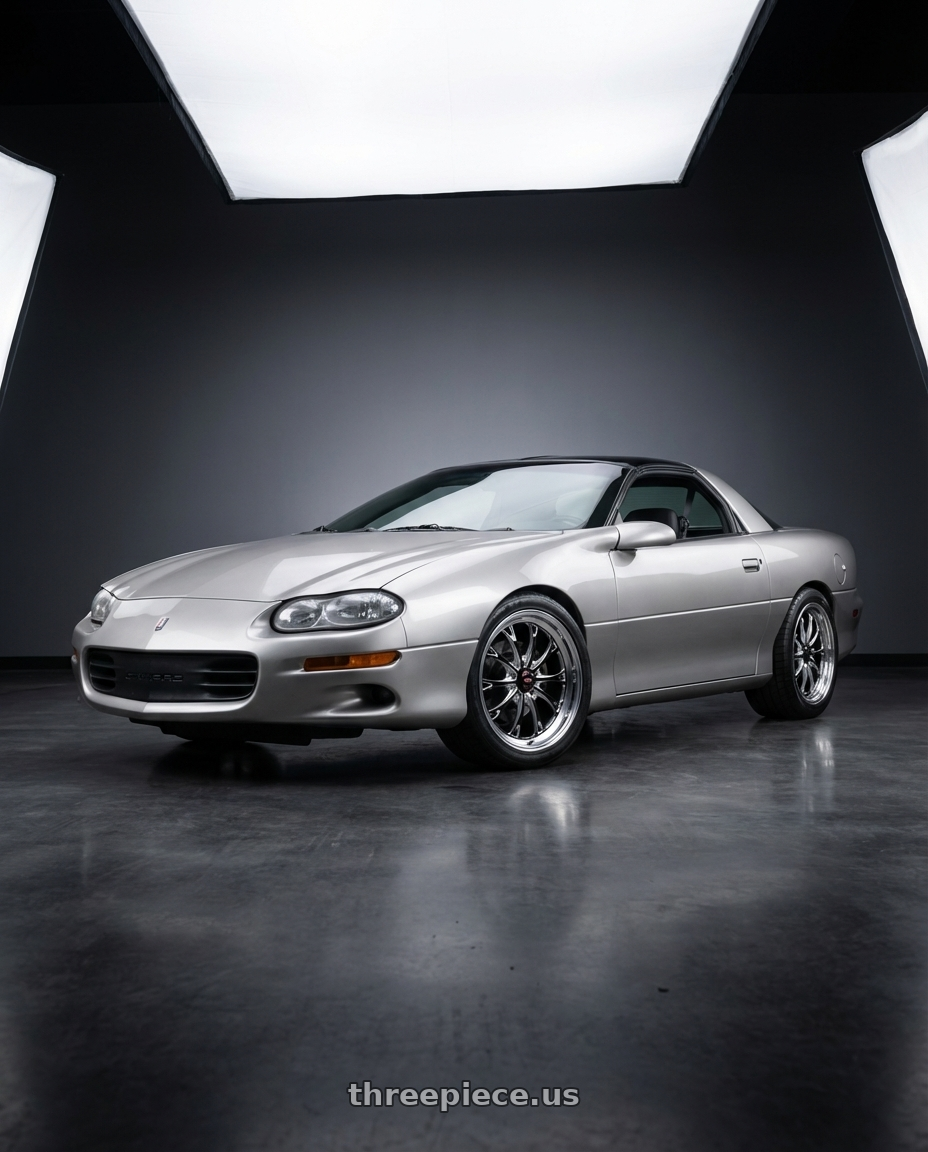 2000 chevrolet camaro with WELD Performance Belmont 5x120.65 18x10 +30 Gloss Black/Milled Diamond Cut Lip wheels front three quarter view lowered stance