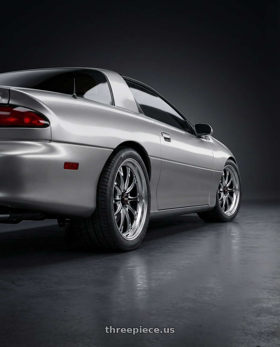 2000 chevrolet camaro with WELD Performance Belmont 5x120.65 18x10 +30 Gloss Black/Milled Diamond Cut Lip wheels rear three quarter view square tires