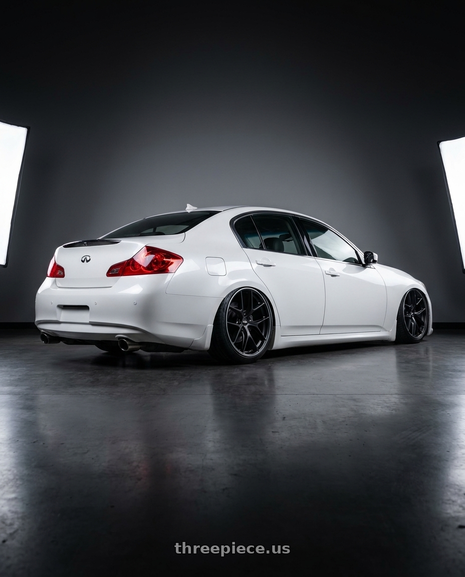 2012 Infiniti G37 with BBS CC-R 5x114.3 19x8.5+30 Satin Black wheels rear three quarter view slight stretch tires