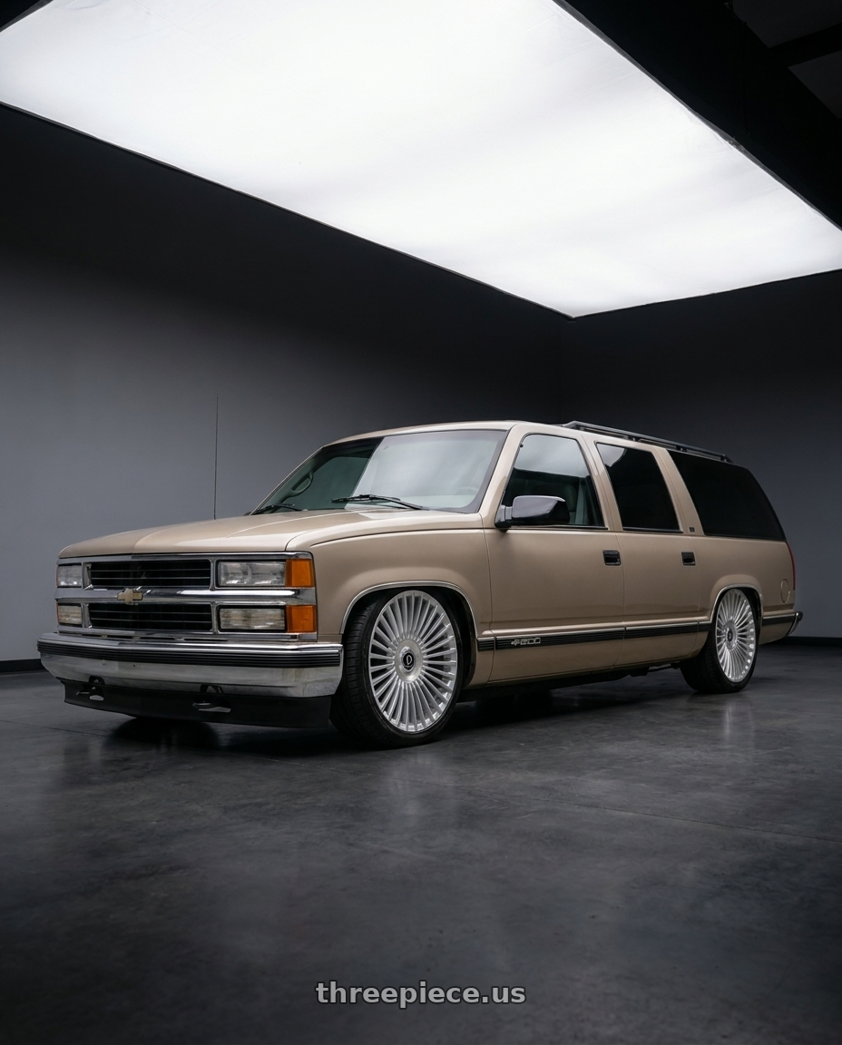 1999 Chevrolet suburban LS tan with DOLCE LUXURY TRENTO 6x135/6x139.7 24x10 +35 Glossy Silver Brush Face wheels