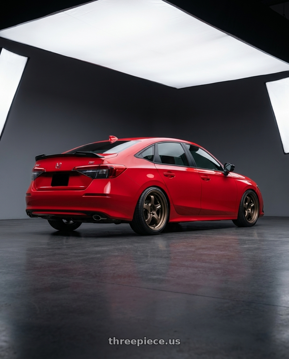 2026 Honda Civic Si with Work Meister S1R 4x100 18x9.5+38 A Disk Ashdot Titanium wheels rear three quarter view slight stretch tires