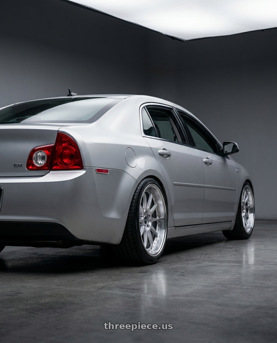 2008 Chevrolet Malibu with ESR Wheels CS12 5x110 18x8.5 +35 Hyper Silver wheels rear three quarter view square tires