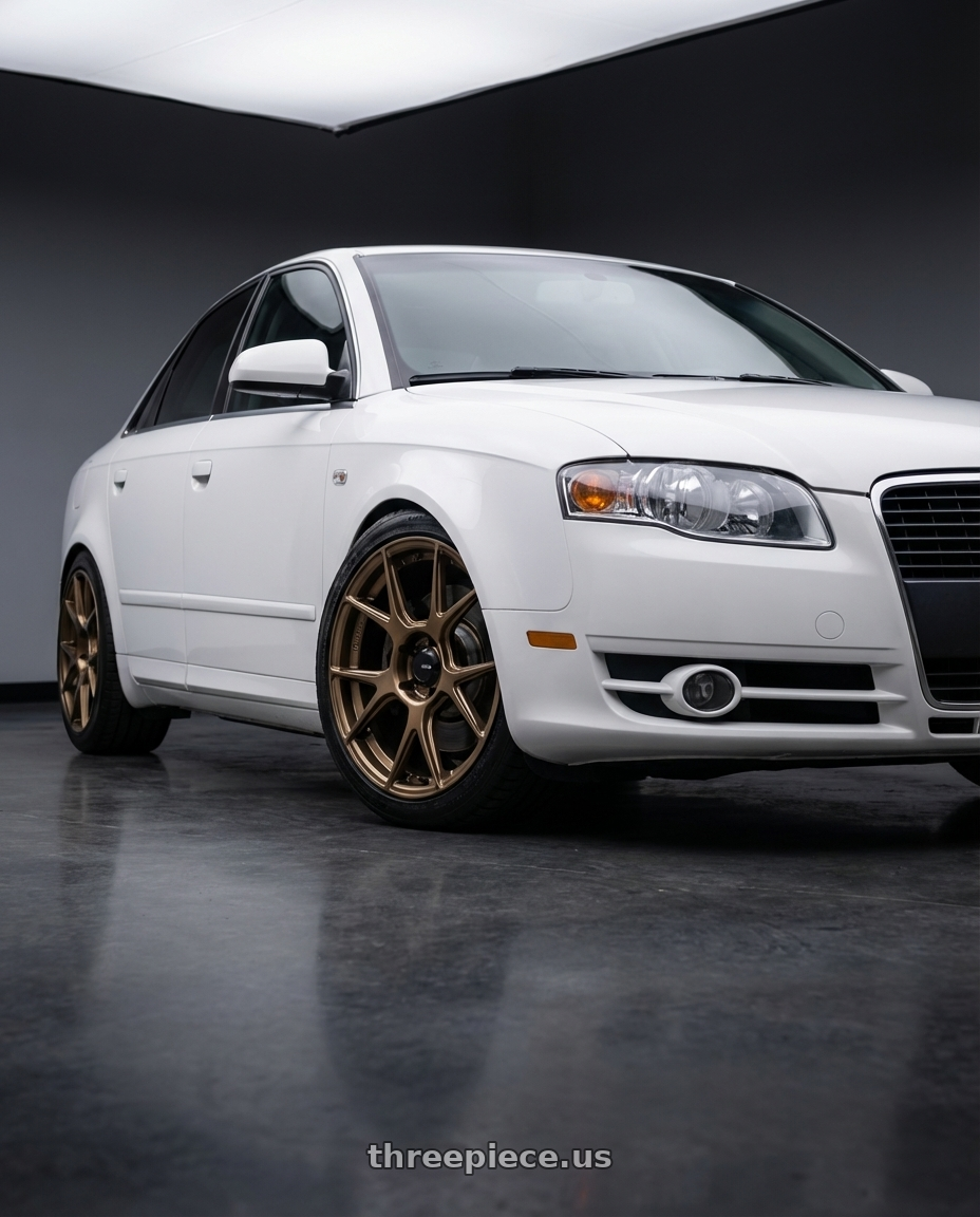 2010 Audi A4 B7 with Konig Ampliform 5x112 18x8.5+43 Gloss Bronze wheels front three quarter view lowered stance