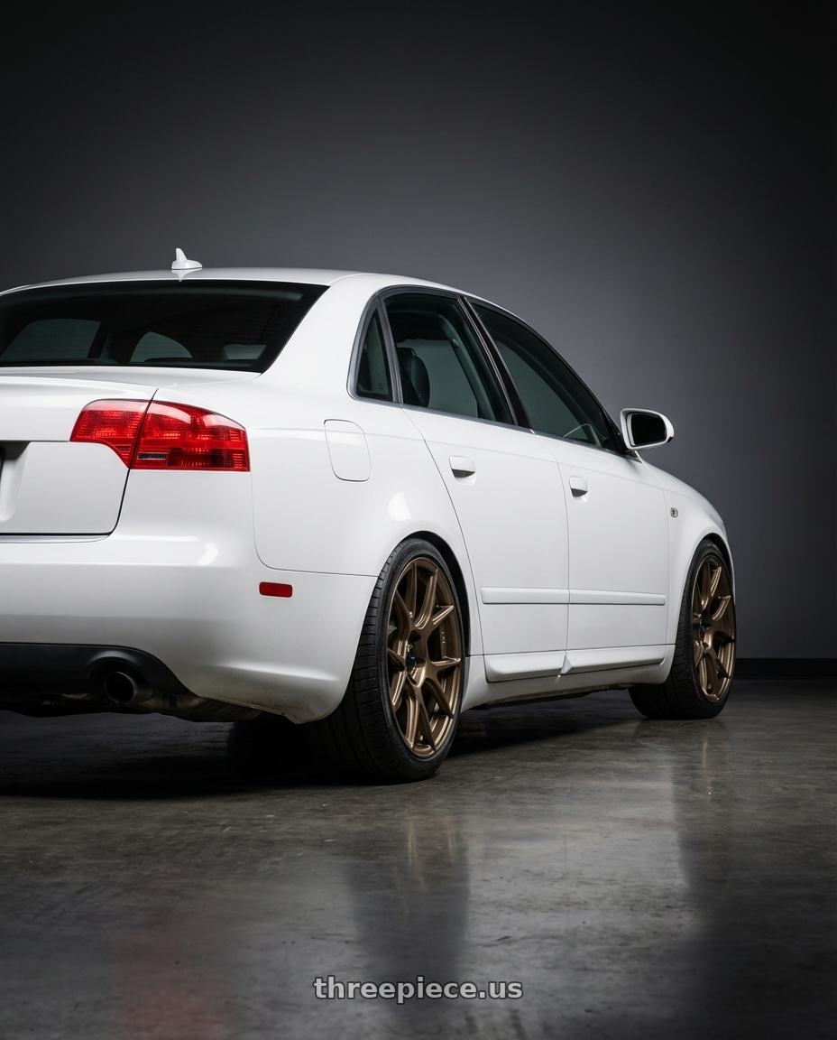 2010 Audi A4 B7 with Konig Ampliform 5x112 18x8.5+43 Gloss Bronze wheels rear three quarter view square tires