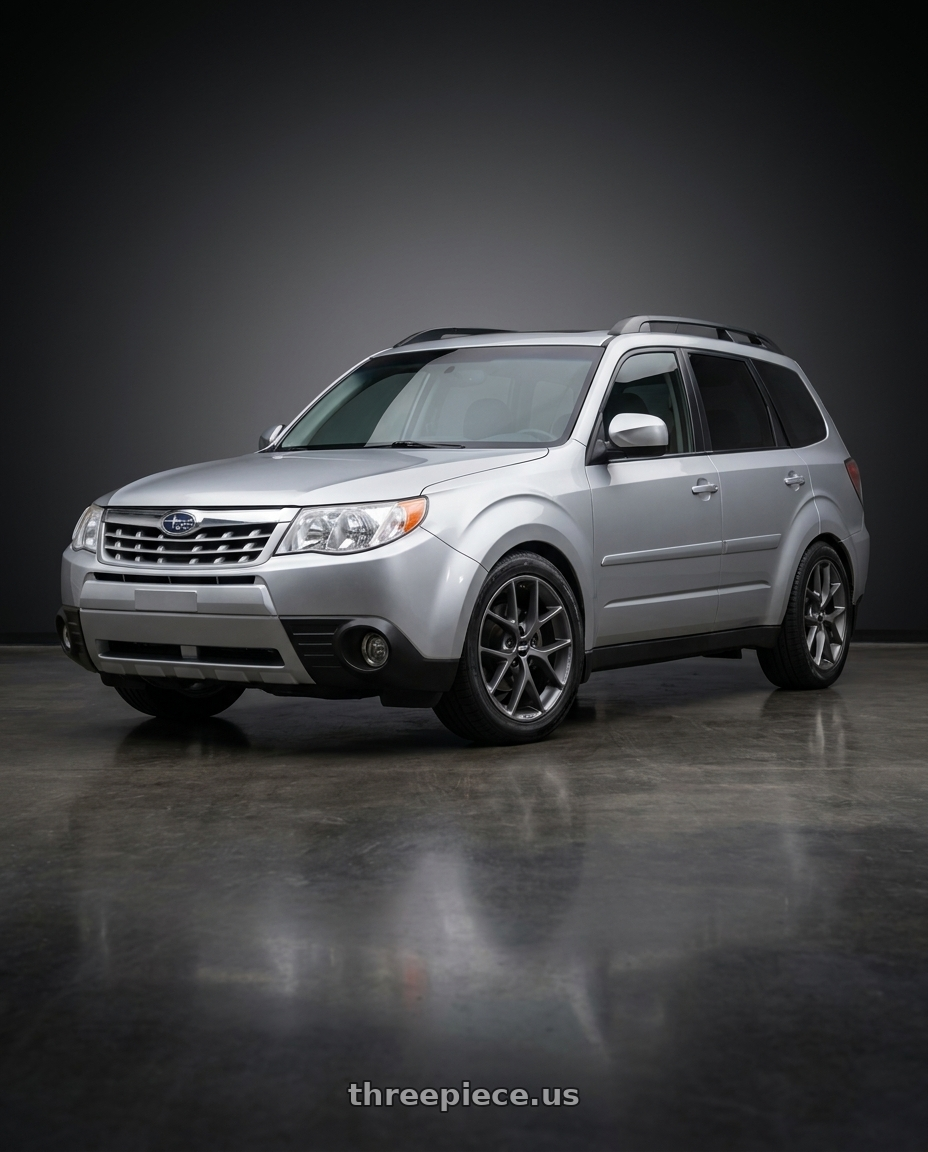 2010 Subaru Forester with BBS SR 5x100 18x8.0+36 Satin Himalaya Grey wheels front three quarter view lowered stance