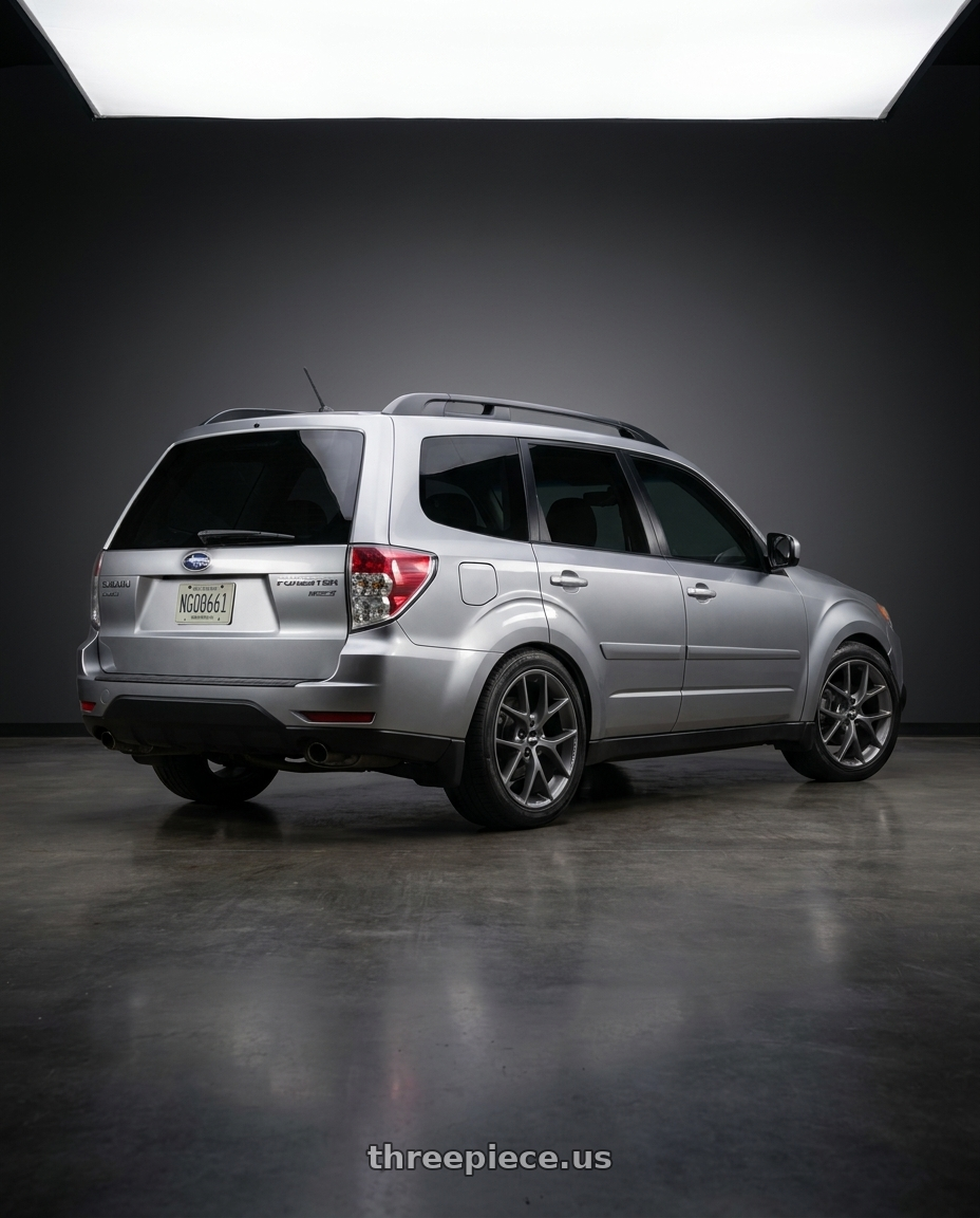 2010 Subaru Forester with BBS SR 5x100 18x8.0+36 Satin Himalaya Grey wheels rear three quarter view slight stretch tires