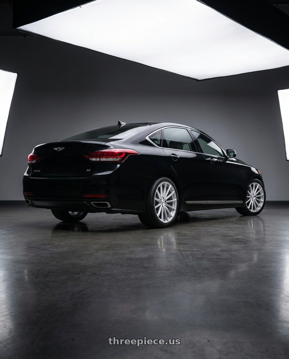 2016 Hyundai Genesis 3 8 with OHM PROTON 5X114.3 20X9 +30 SILVER W/ MIRROR FACE wheels rear three quarter view square tires