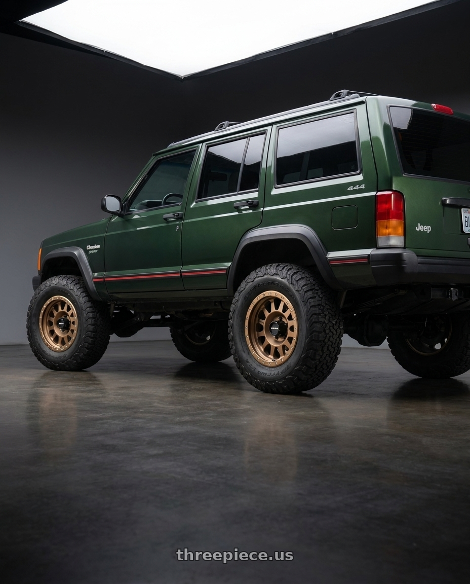 1996 JEEP CHEROKEE with Method MR304 Double Standard 15x8 -24mm Offset 5x4.5 83mm CB Method Bronze Wheel - MR30458012924N wheels rear three quarter view meaty tires
