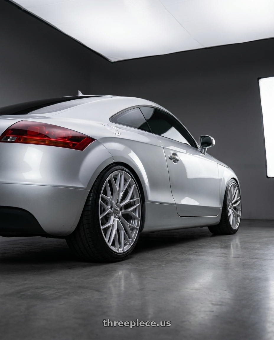 2008 audi tt Mk2 with TIS Motorsports 505S 5X112 19x8.5 +35 Gloss Silver wheels rear three quarter view square tires