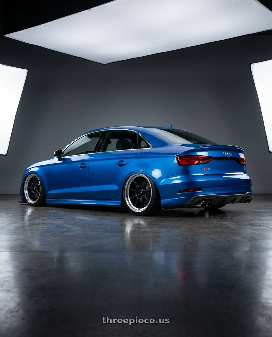 2019 Audi S3 8V with Konig Countergram 5x112 19x9.5+30 Matte Black / Matte Machined Lip wheels rear three quarter view slight stretch tires