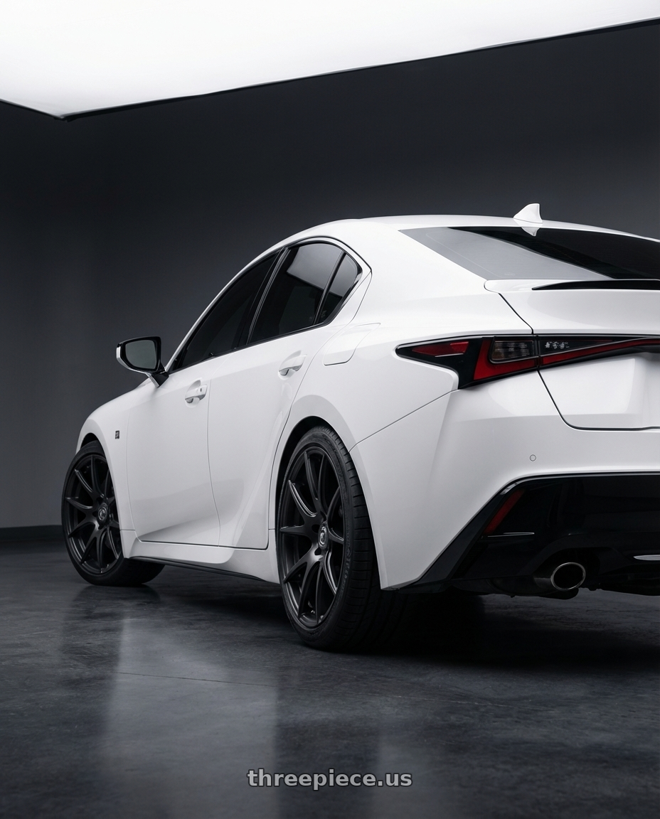 2024 Lexus IS 350 with Forgestar CF5V 5x114.3 19x9 +35 Satin Black wheels rear three quarter view square tires