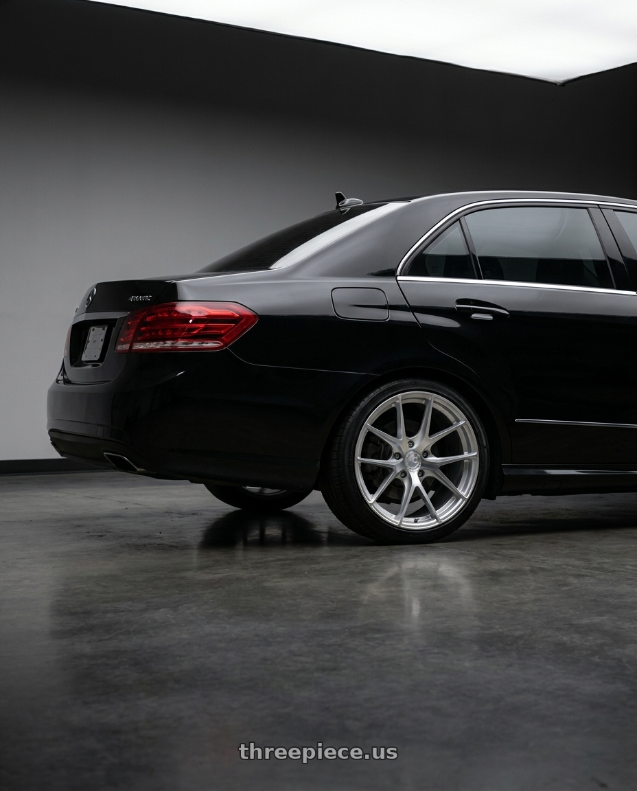 2013 Mercedes Benz e350 4matic with Aodhan AFF7 5x112 18x8.5+35 Gloss Silver Machined Face wheels rear three quarter view square tires