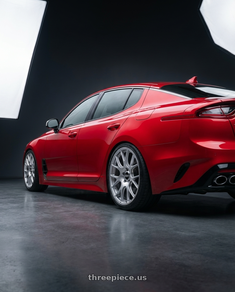 2022 Kia Stinger GT with BBS CH-R 5x114.3 19x8 +38 Brilliant Silver Polished Rim Protector wheels rear three quarter view square tires