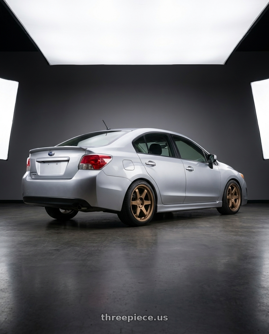 2016 Subaru Impreza with 9six9 SIX-1 5x112 18X10 +35 Matte Bronze wheels rear three quarter view square tires