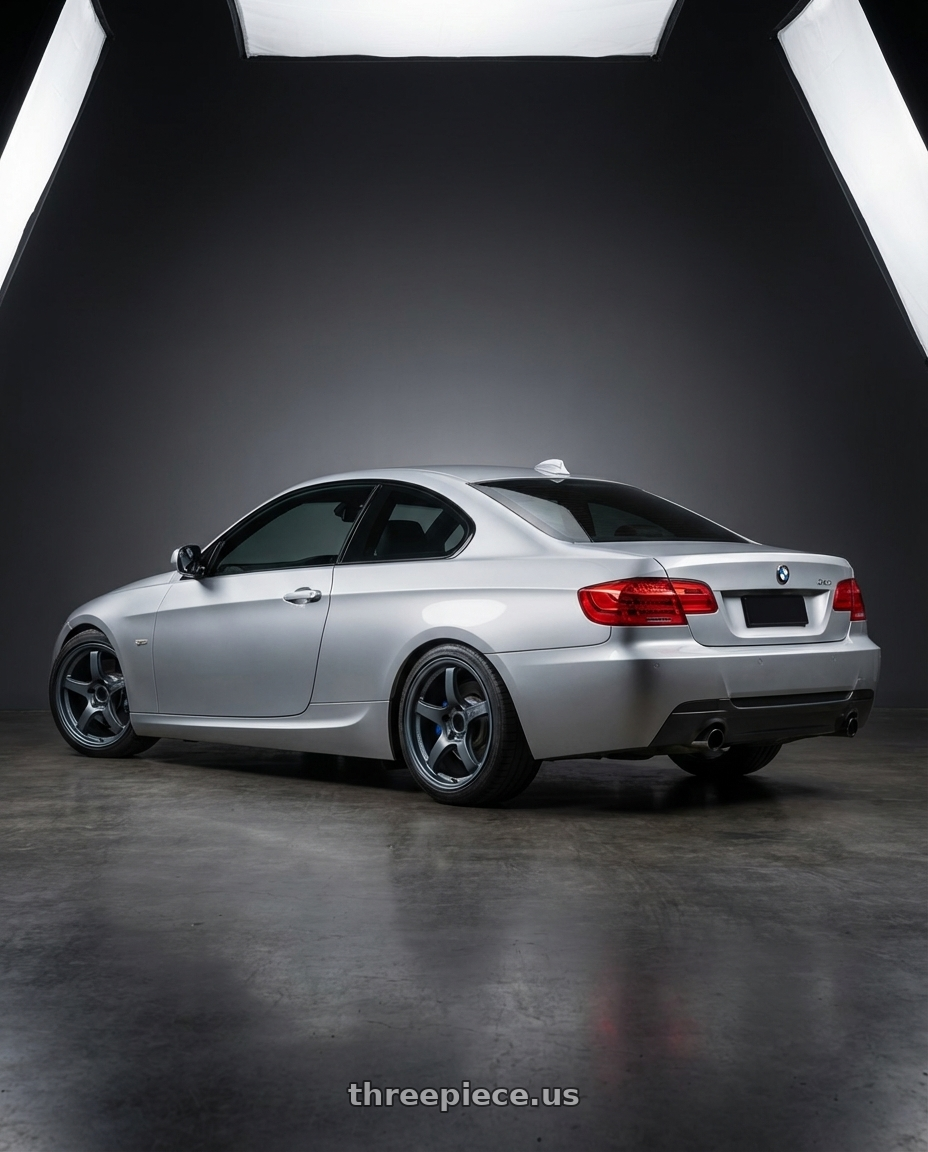 2012 BMW 3 Series E92 with Gram Lights 57CR 5x120 18x9.5+38 Gunblue II wheels rear three quarter view square tires