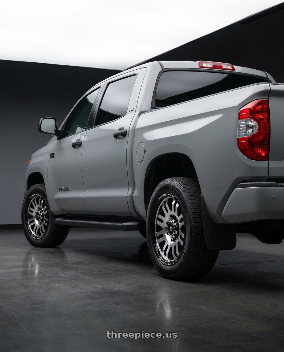 2021 Toyota Tundra 1794 Edition with Vision Off-Road 409 Inferno 5x150 17x8.5+0 Gloss Black Machined Face wheels rear three quarter view square tires