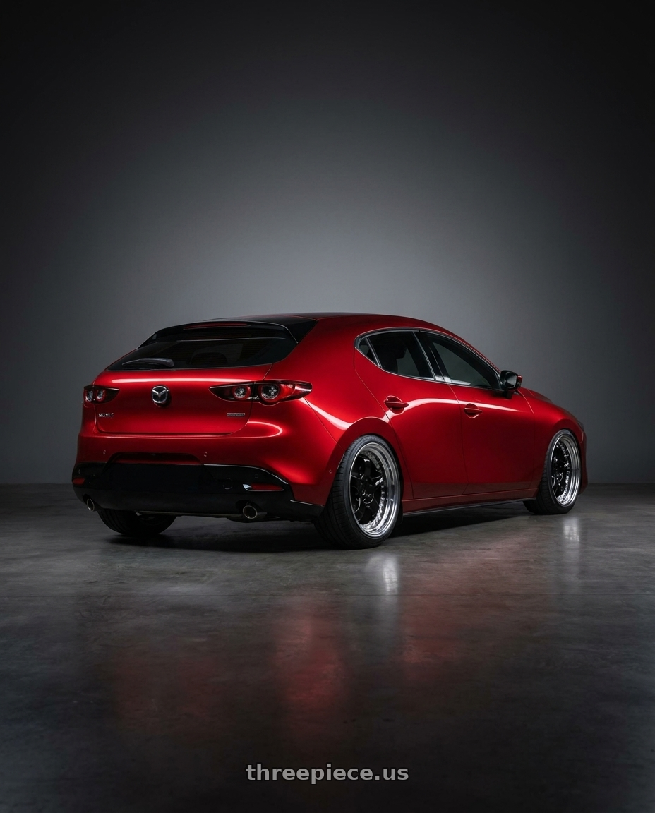 2025 Mazda 3 with Work Meister S1 3P 5x100 18x8.5+3 A Disk Black wheels rear three quarter view square tires