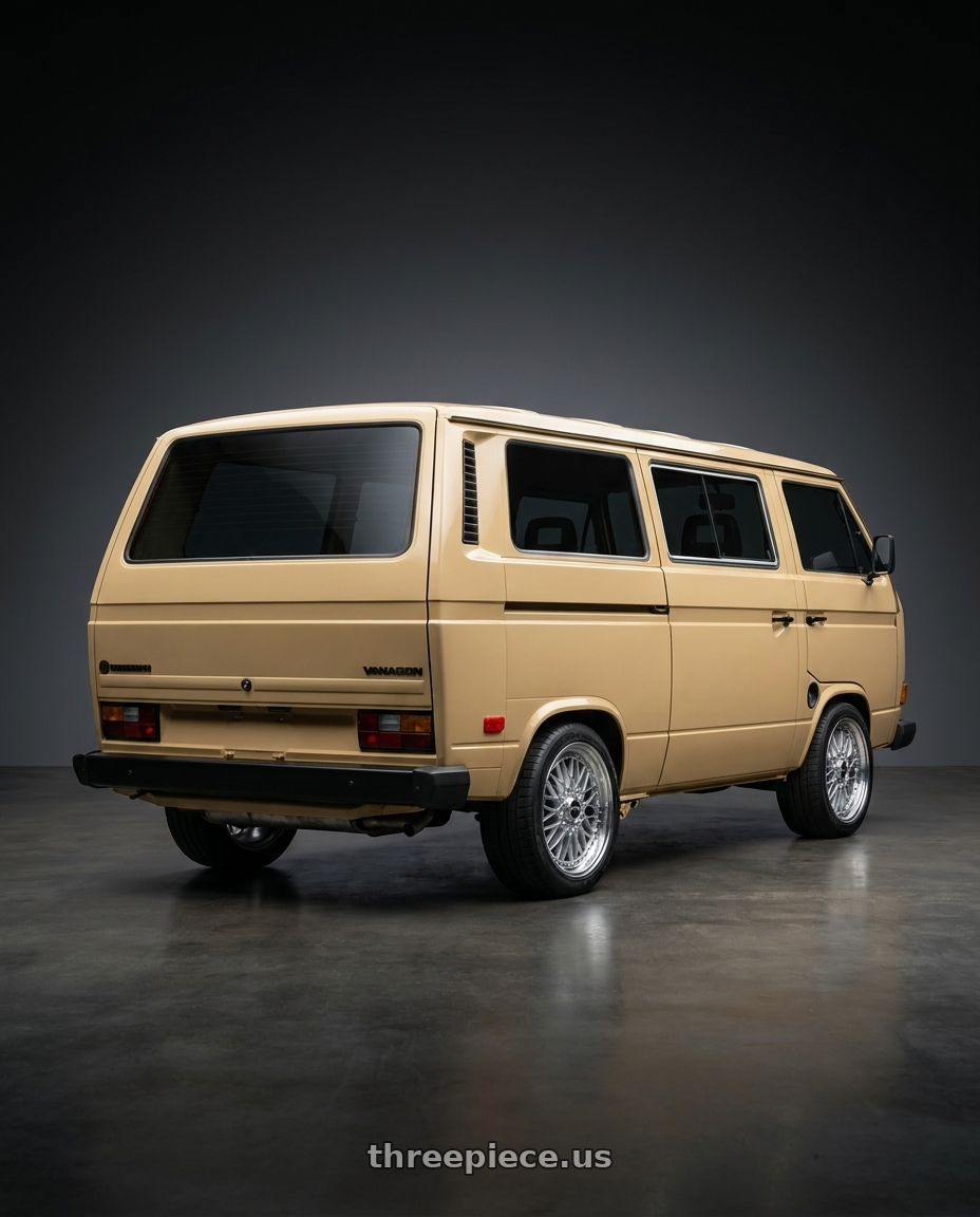 Vw Vanagon 1985 with BBS Super 5x112 19x8.5 +43 Diamond Silver wheels rear three quarter view square tires