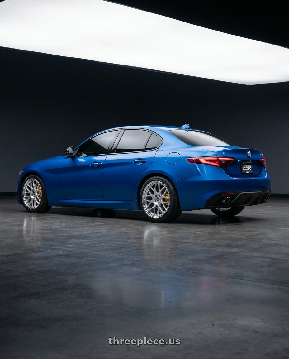2017 alfa romeo giulia ti with ESR Wheels APEX SERIES APX01 5x110 19x8.5 +30 Hyper Silver wheels rear three quarter view square tires