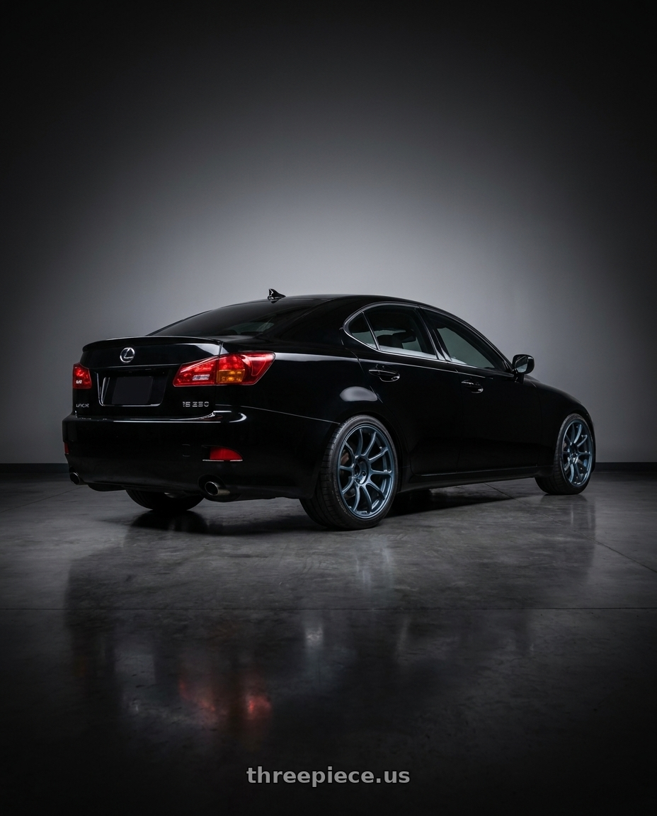 2006 Lexus is250 with Volk Racing ZE40 5x114.3 18x9.5 +45 MATTE BLUE GUNMETAL wheels rear three quarter view square tires