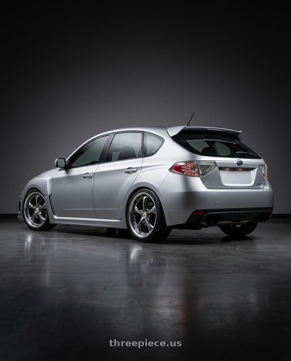 2011 Subaru Impreza with Work Wheels VS-KF 5x114.3 18x8.5+53 Brilliant Silver Black O Disk FULL REVERSE wheels rear three quarter view square tires