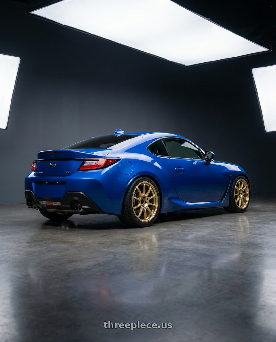 2024 Subaru BRZ with Advan RCIII 5x114.3 18x8.5+38 Gold wheels rear three quarter view square tires