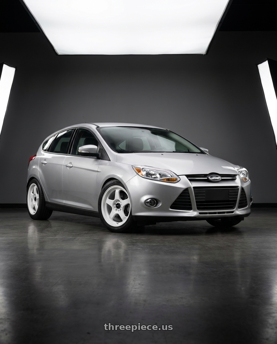 2011 Ford Focus with Vors SP1 4x108 15x7  +35 All White wheels front three quarter view lowered stance